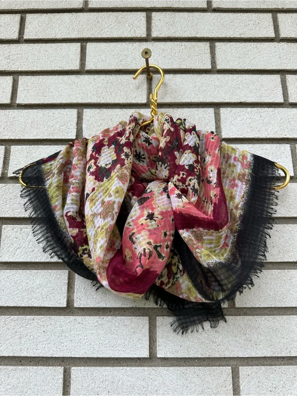 J. Jill Floral Gauze Scarf Black Fringe Boho Square Lightweight Wrap Cottagecore